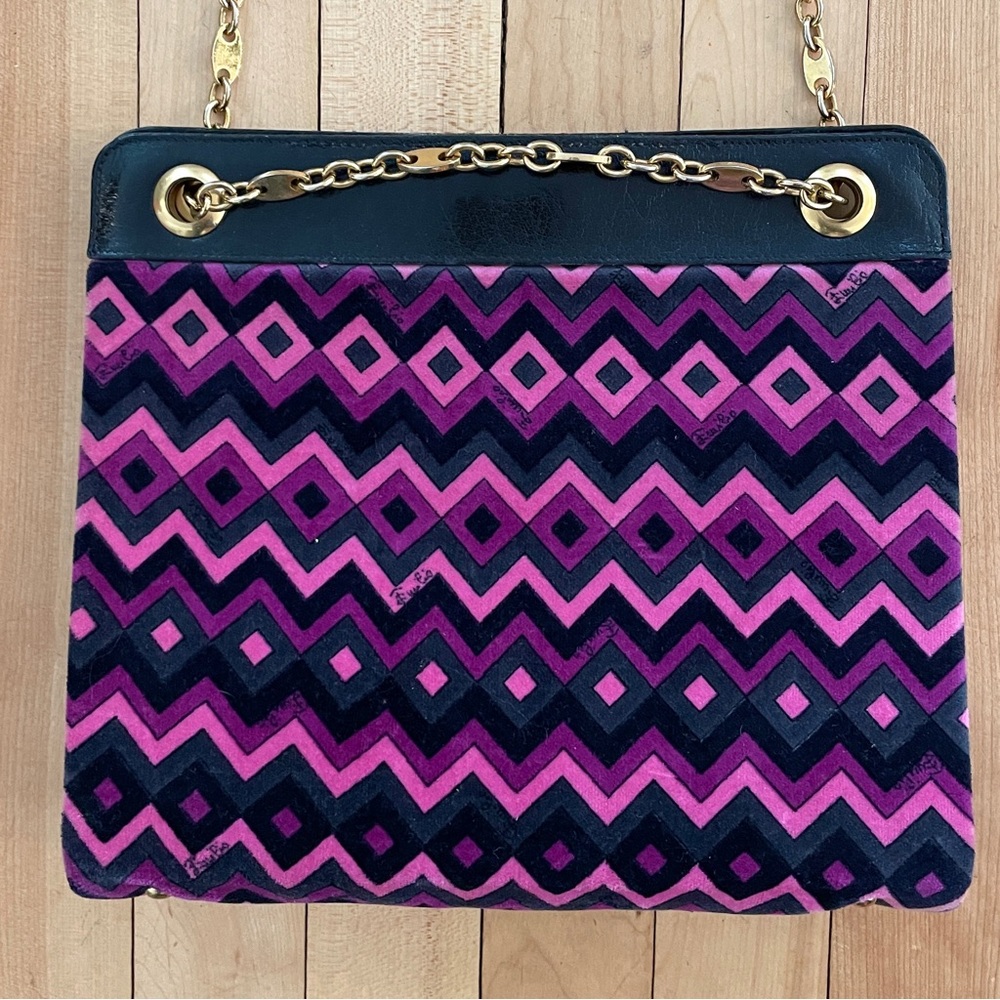 Vtg 60s Emilio Pucci Mod Zig Zag Purple Pattern Velvet Mini Bag Gold Metal Chain